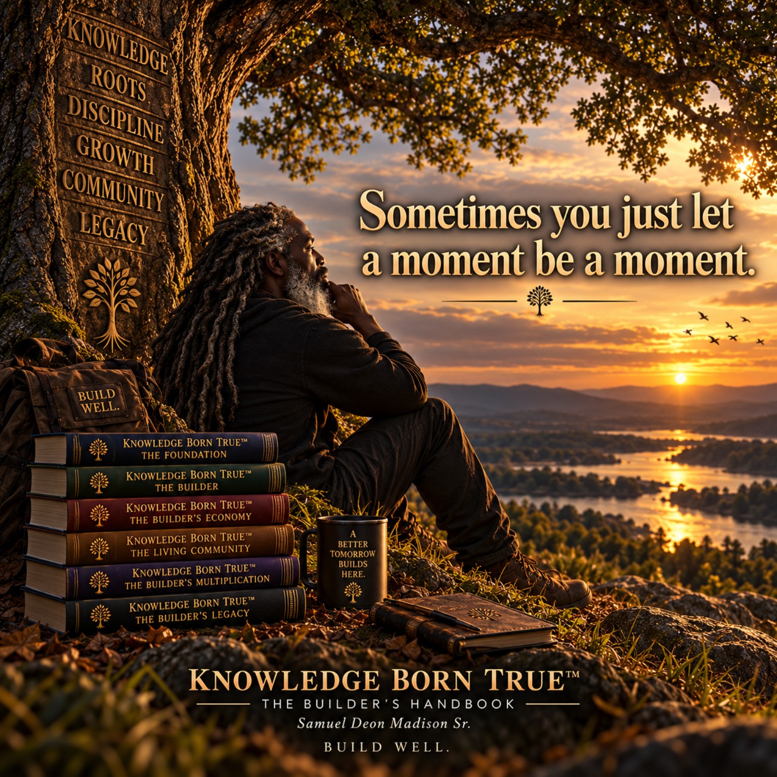 A mature Black Builder with long gray locs sitting beneath an ancient wisdom tree at sunset beside the six Builder's Handbook volumes