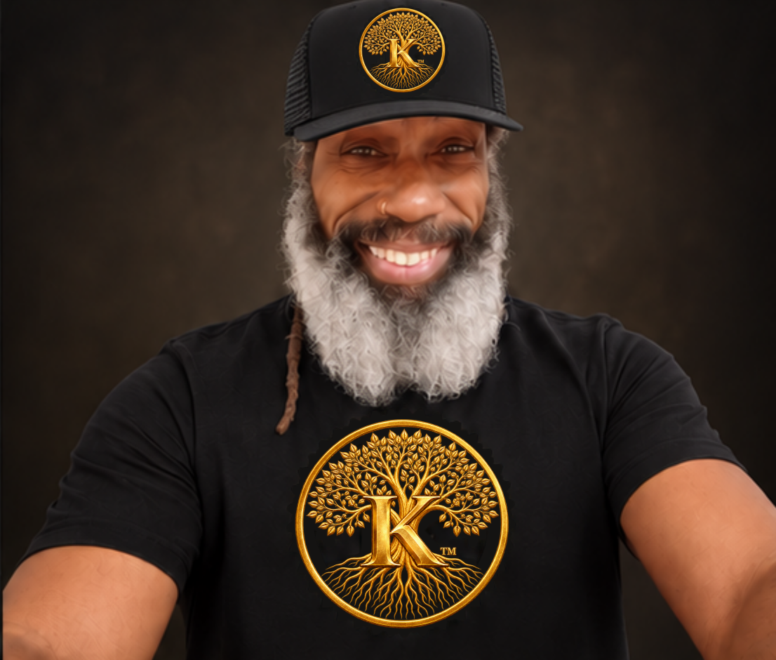 Samuel Deon Madison Sr. wearing trucker hats with the approved Founder’s Tree Circle-K logo